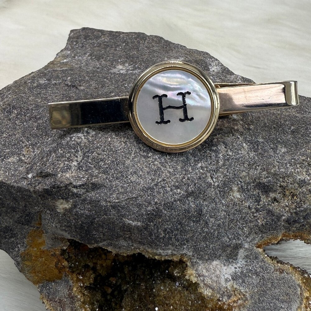 Vintage Tie Clasp Monogram Initial H Mother of Pearl Gold Tone MCM